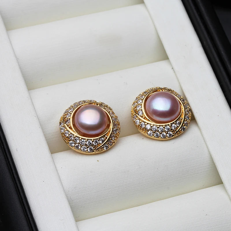 New Natural Freshwater Pearl Earrings ,Flat 18k Gold Palted Pearl Earrings