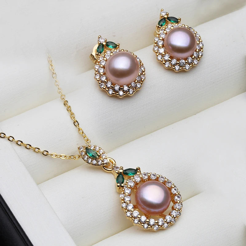 18K Gold Plated Jewelry Set With Pearl Earrings And Necklace