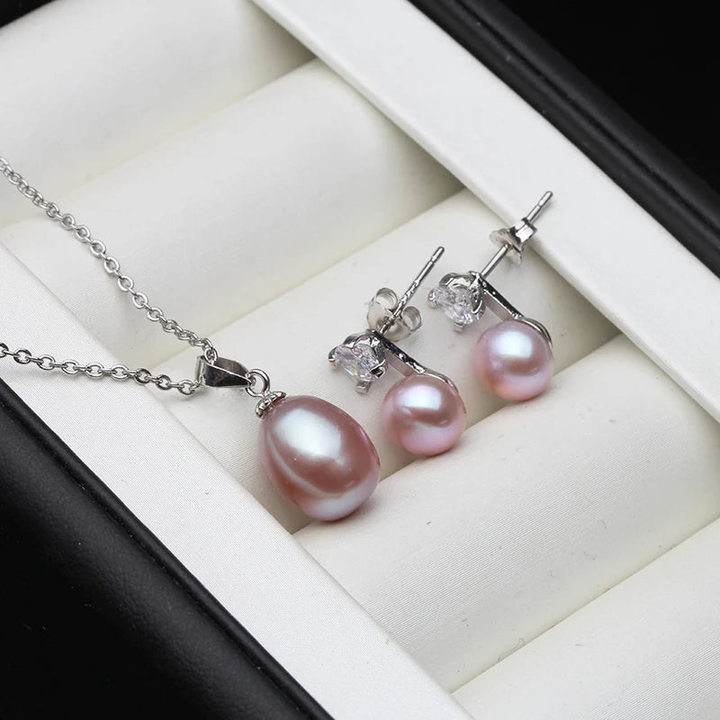 925 Silver Freshwater Pearl Necklace Earring Set Real Natural Pearl Set