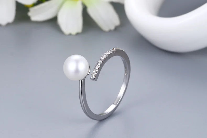 Genuine Freshwater Pearl Rings For Women,Trend Open 925 Silver Pearl Ring Adjustable