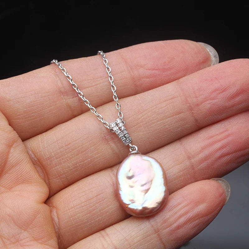 Real Natural Baroque Flat Pearl Pendant 925 Silver Woman,Wedding Freshwater Pendant
