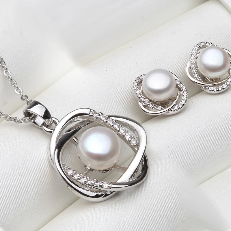 Real 925 Sterling Silver Necklace Earring Sets ,Classic Natural Pearl Pendant Sets