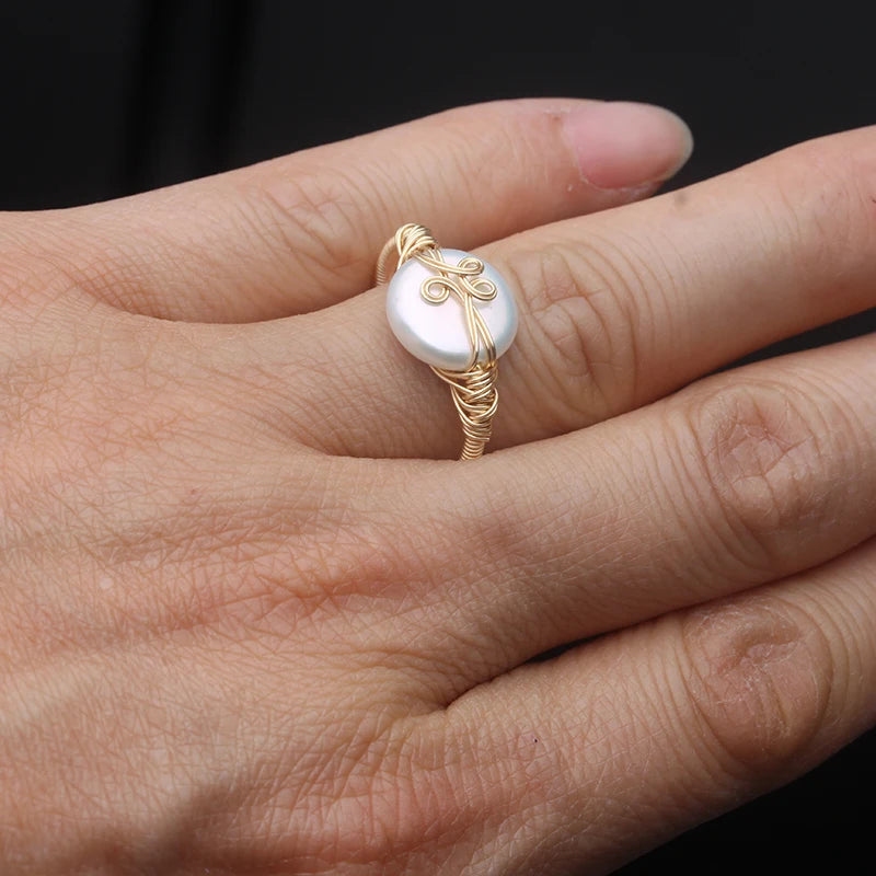 Genuine Freshwater Pearl Rings For Women,Trend Gold Plated Pearl Ring Adjustable