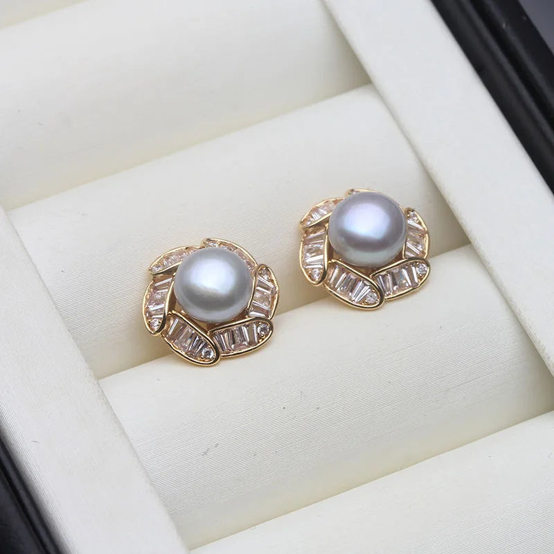 Beautiful Natural Freshwater Pink Pearl Earrings For Women,Cute Gold Plated Stud Earrings