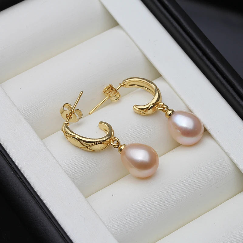 Genuine White Freshwater Jewlery Pearl Earrings Woman,Trendy Gold Plated Earring with Natural Pearls