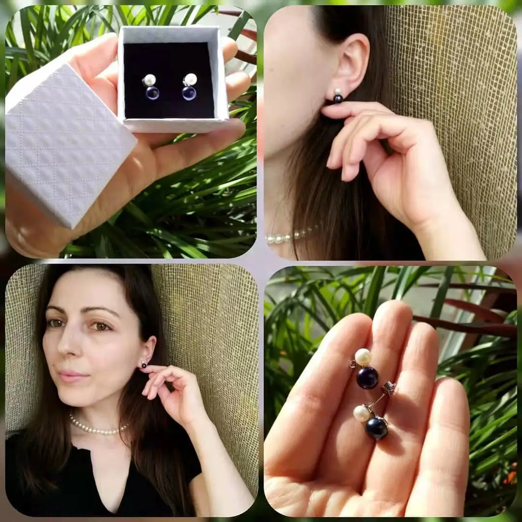 Real Silver Stud Earrings Freshwater Natural Double Pearl Earring Fine