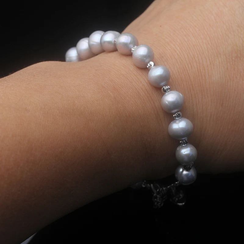 Real Grey Natural Freshwater Pearl Bracelets Ladies Woman,Cute Vintage Pearl Bracelet Child Wife Mother Birthday Gifts 18-21cm