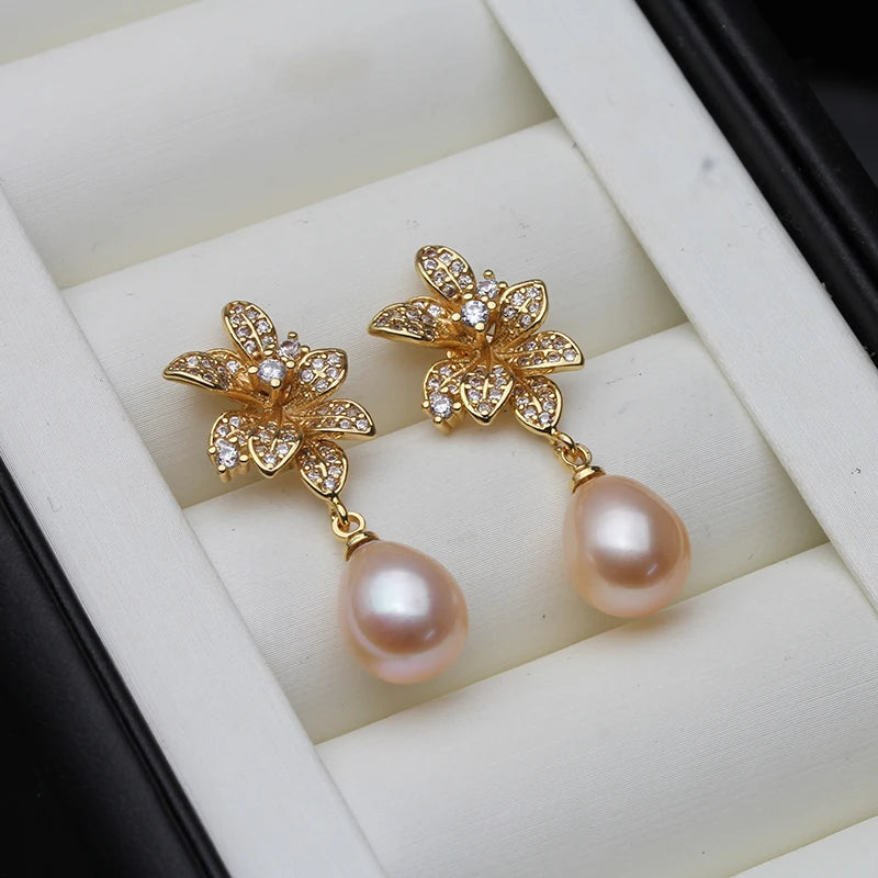 Genuine Natural Freshwater Pearl Earrings Silver 925 White Flower Pearl Earrings