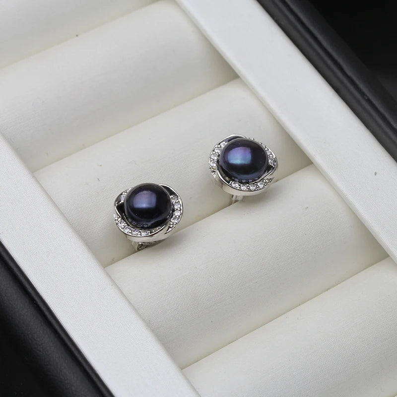 Natural Freshwater Black Pearl Earrings JewelrySilver 925 Stud Earrings with Pearls
