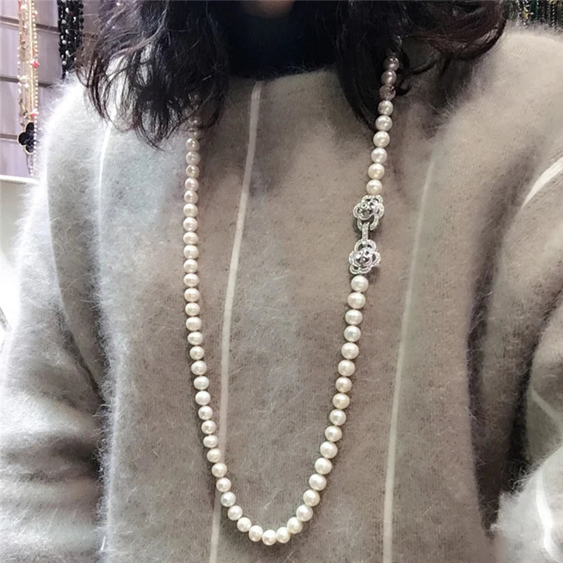Trendy Natural Long Pearl Necklace for Women,Wedding White Freshwater Round Pearl Necklace