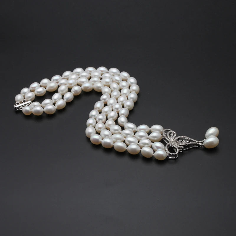 Real Luxury Grey Double Multilayer Pearl Necklace Women,Rice Freshwater Pearl Necklace Pendant Layered