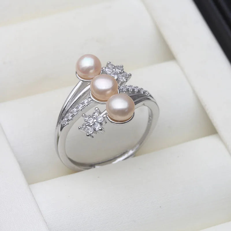 Real 925 Sterling Silver Pearl Ring Ladies Woman,White Natural Freshwater Adjustable Pearl Ring