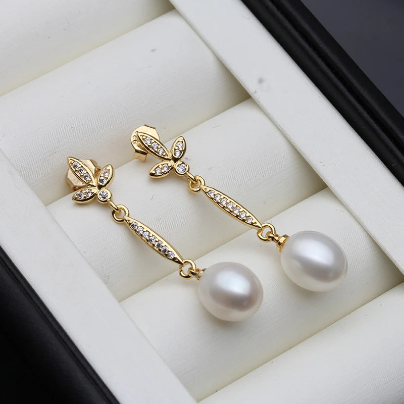 Genuine Freshwater Pearl Earring for Women,18k Gold Plated Pearl Drop Earrings