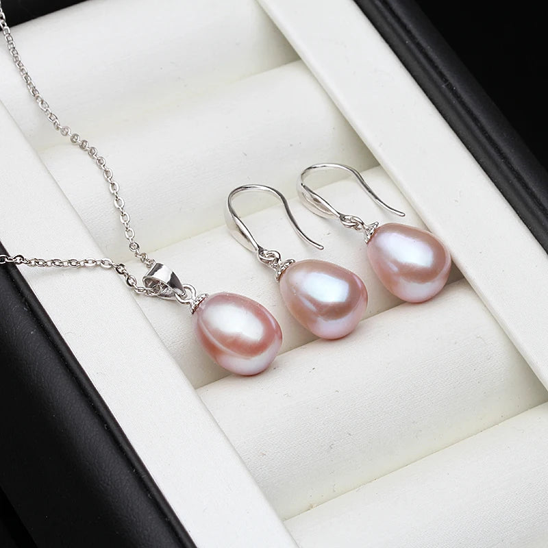 Natural Freshwater Set With Pearl Earrings And Necklace 925 Silver Jewelry Set