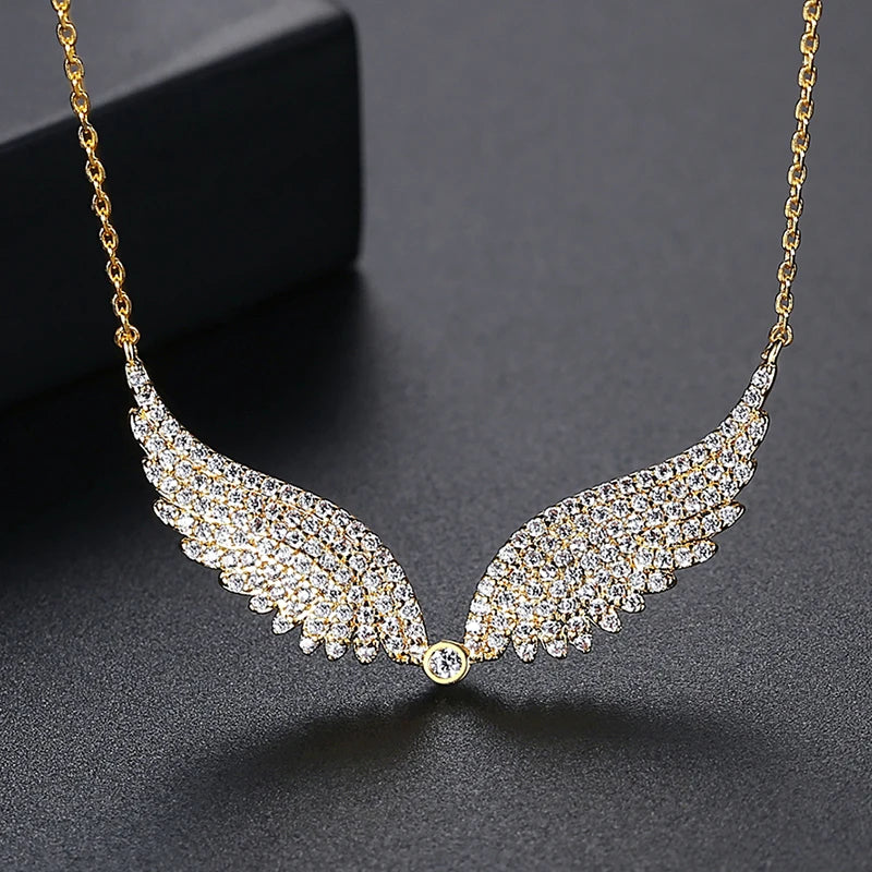 Gold Color Angle's Wings Fashion Cubic Zirconia Necklace for Women Crystal Sweater Free Shipping