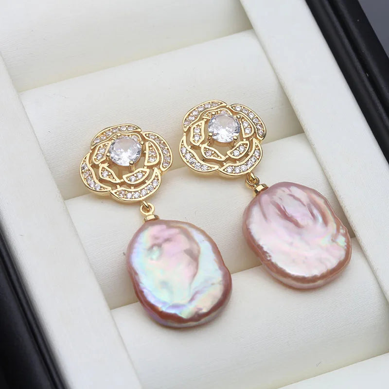 Genuine Baroque Big Pearl Earrings  Silver 925 Earring with Natural Pearl