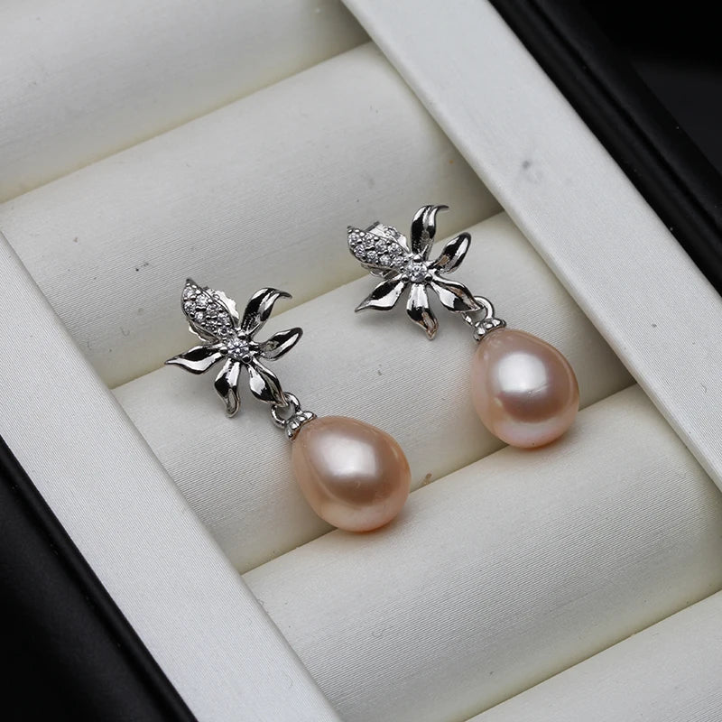 Black Natural Freshwater Dangle Pearl Earrings For Women,Trendy 925 Sterling Silver Earrings