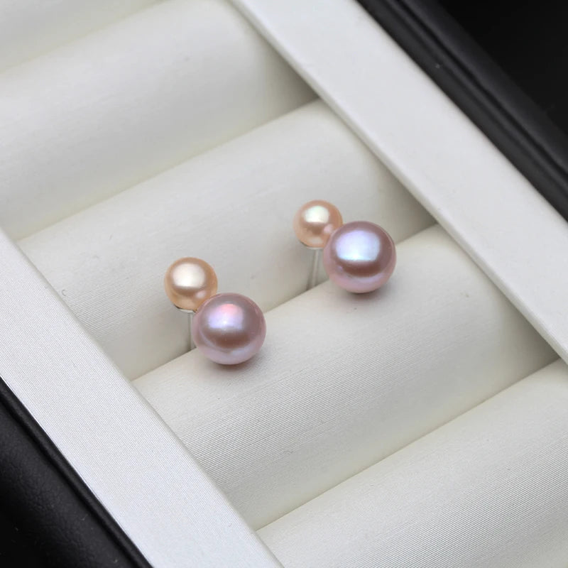 925 Sterling Silver Stud Earrings with Pearls,Small Natural Freshwater Double Pearl Earrings