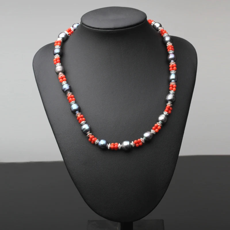 Real Natural Freshwater Black Pearl Necklaces For Women,Wedding Red Stone PearL