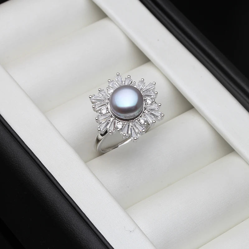 Real Silver 925 Pearl Ring Adjustable White Freshwater Pearl Ring