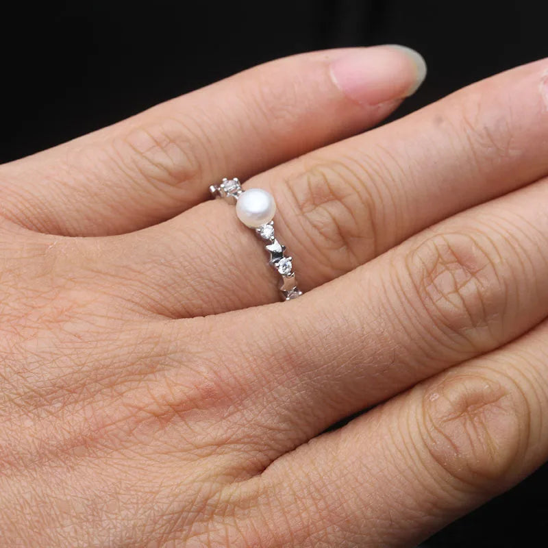Genuine Freshwater Natural Pink Pearl Rings,Cute Small 925 Pearl Women Rings Adjustable