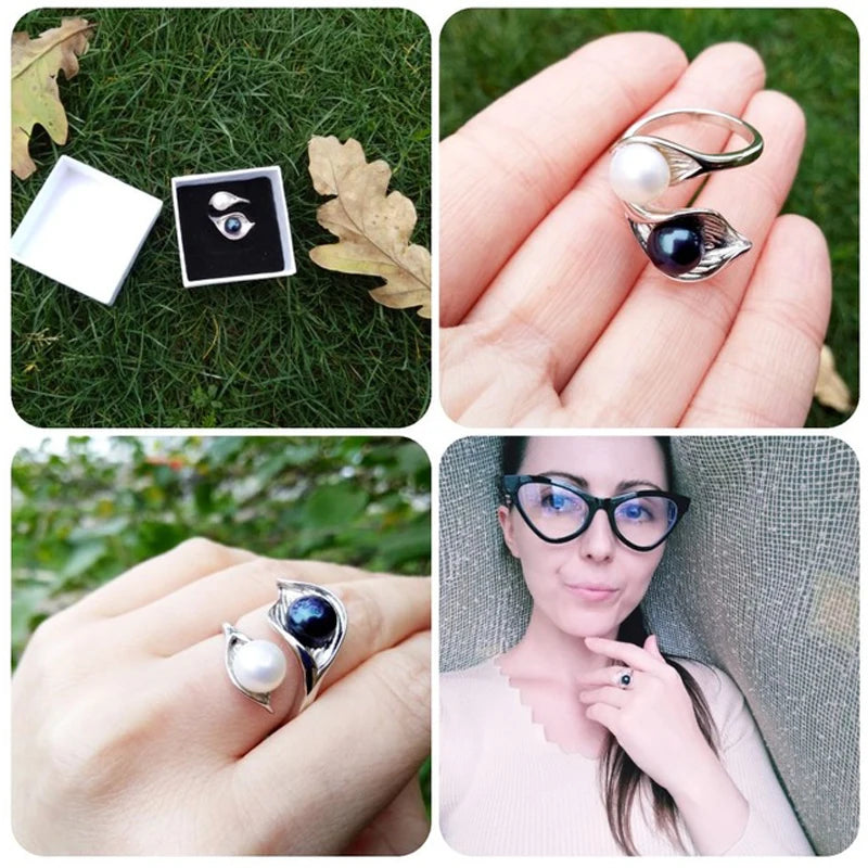 Natural 925 Silver Double Pearl Leaf Ring Adjustable reshwater Pearl Ring