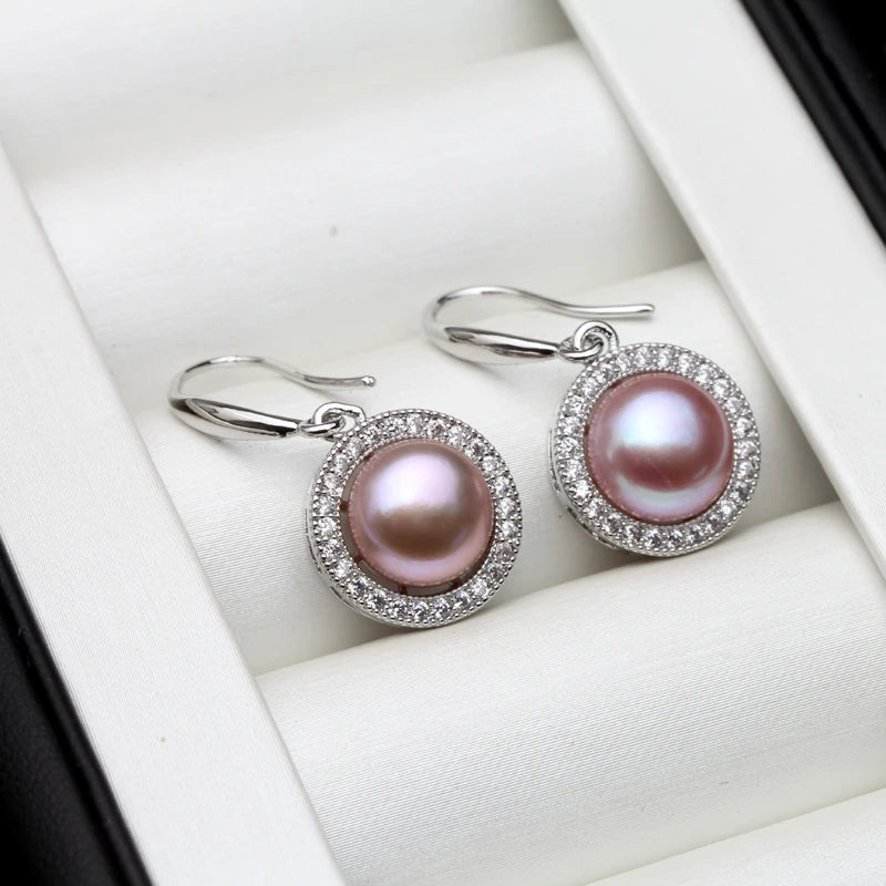 Cultured Natural Freshwater Black Pearl Earrings,925 Sterling Silver Pearl Earrings