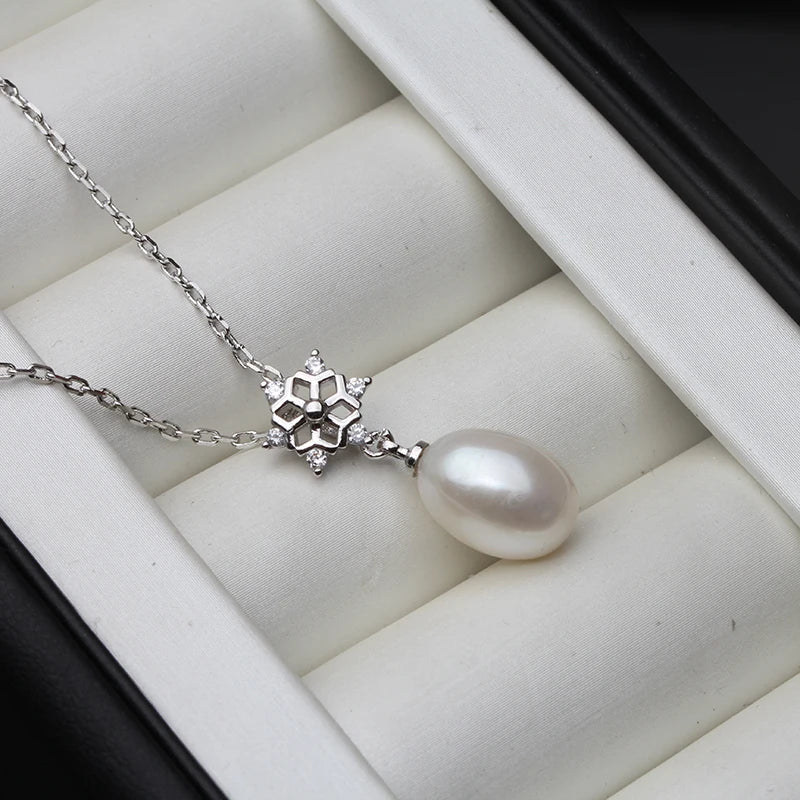 Real Freshwater Natural Pearl Pendant Snow 925 Sterling Silver Pendant Necklace Chain 45cm