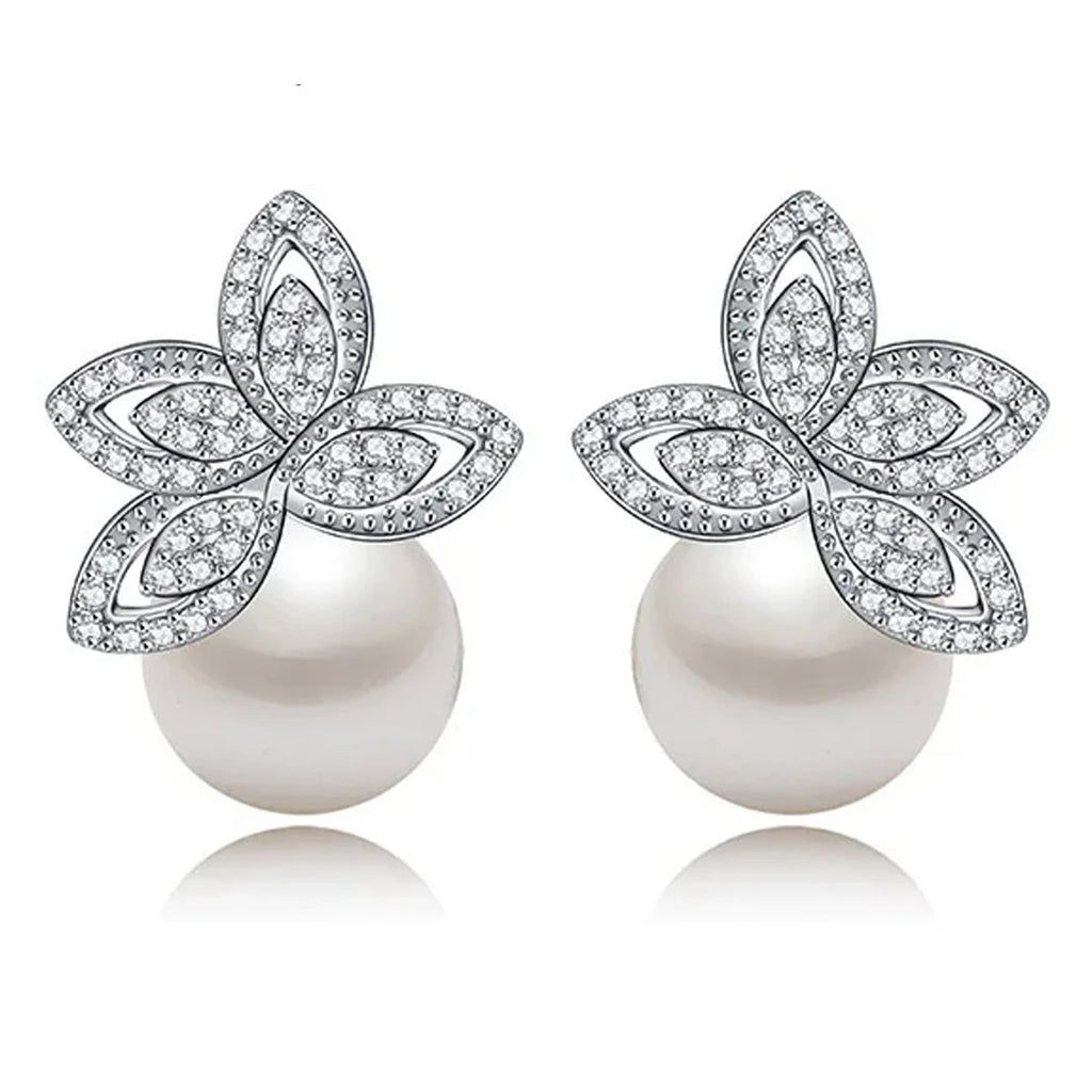 Luxury Clear Cubic Zircon Paved Flower Stud Earring with Imitation pearl