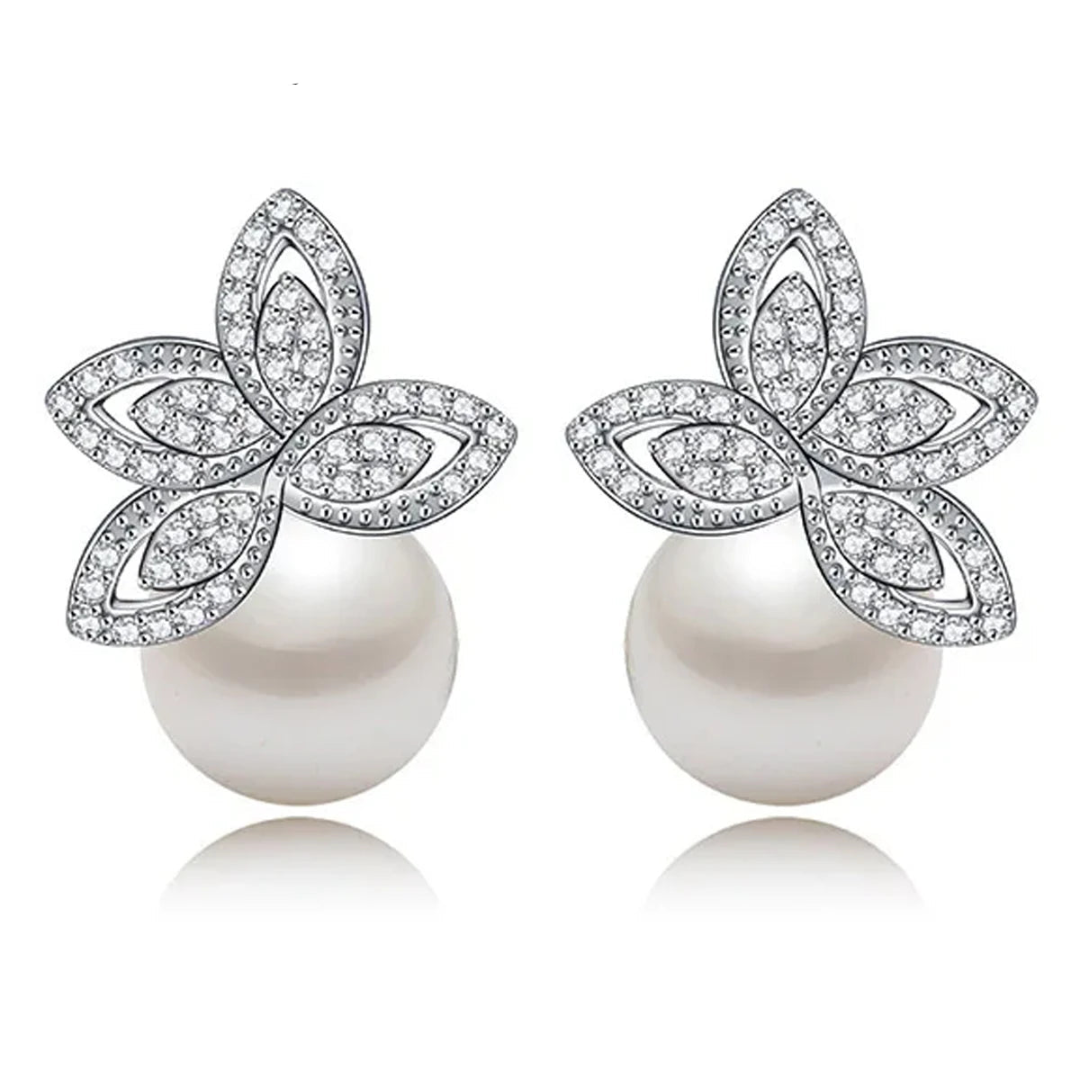 Luxury Clear Cubic Zircon Paved Flower Stud Earring with Imitation pearl