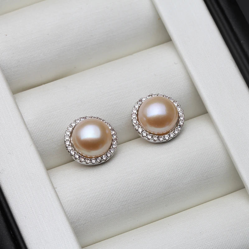 Natural Freshwater white Pearl Earrings 925 Silver  Round Pearl Earrings Fine Jewelry