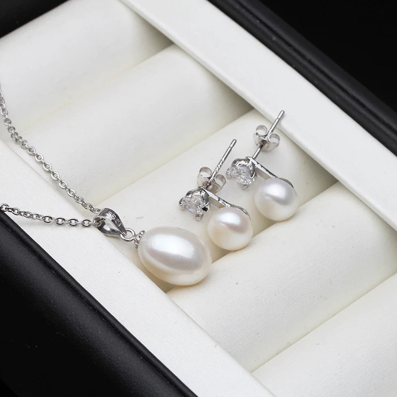 925 Silver Freshwater Pearl Necklace Earring Set Real Natural Pearl Set