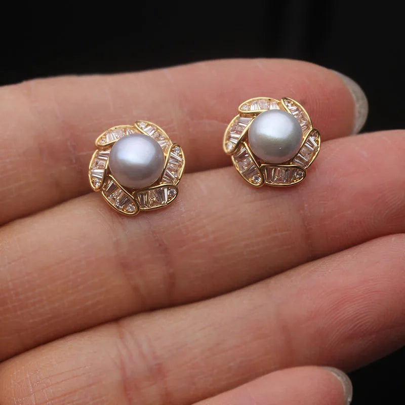 Beautiful Natural Freshwater Pink Pearl Earrings For Women,Cute Gold Plated Stud Earrings