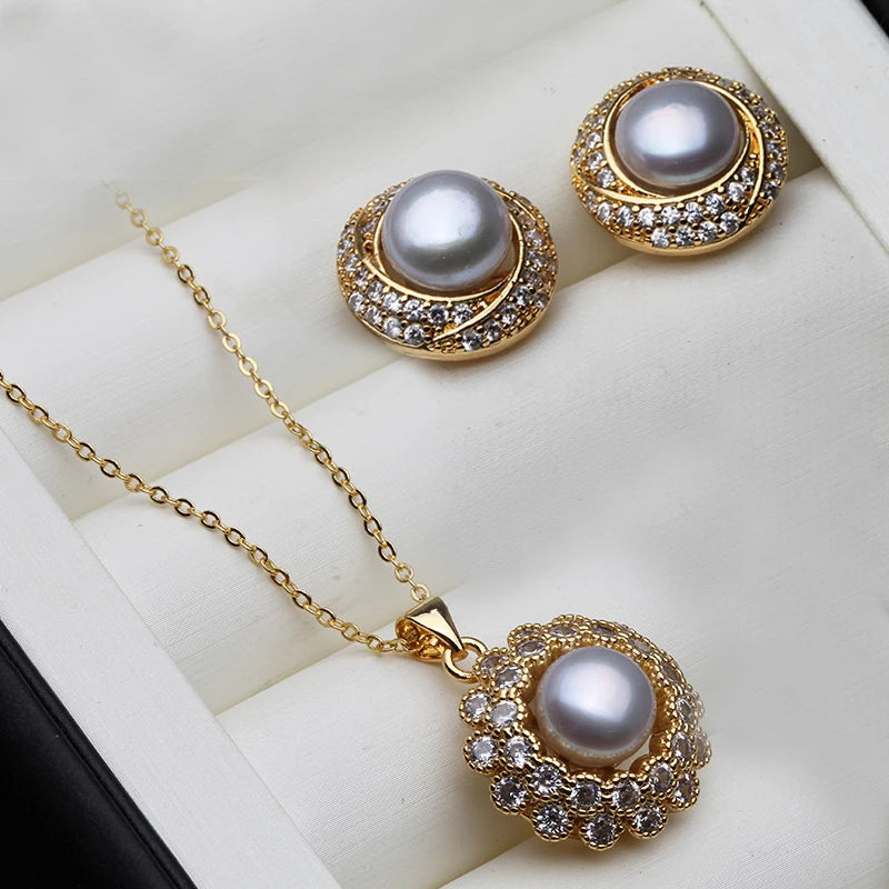 Natural Freshwater Pearl Necklace and Earrings Boho Pearl Jewelry Set