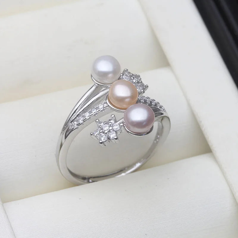 Real 925 Sterling Silver Pearl Ring Ladies Woman,White Natural Freshwater Adjustable Pearl Ring