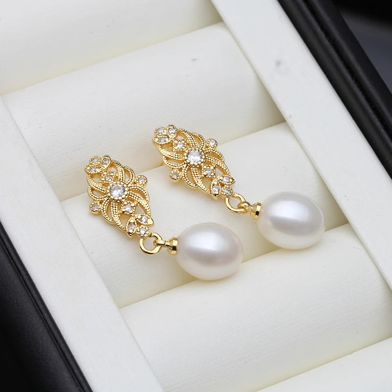 Real Natural Pearl Earrings,18k Gold Palted Dangling Freshwater Pearl Earrings