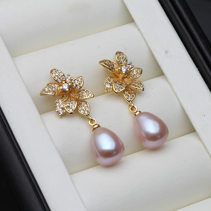 Genuine Natural Freshwater Pearl Earrings Silver 925 White Flower Pearl Earrings