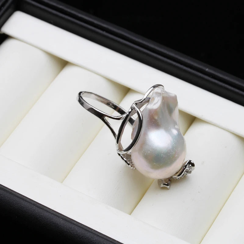 Real Freshwater Natural Baroque Large Pearl Ring Adjustable Pearl Ring