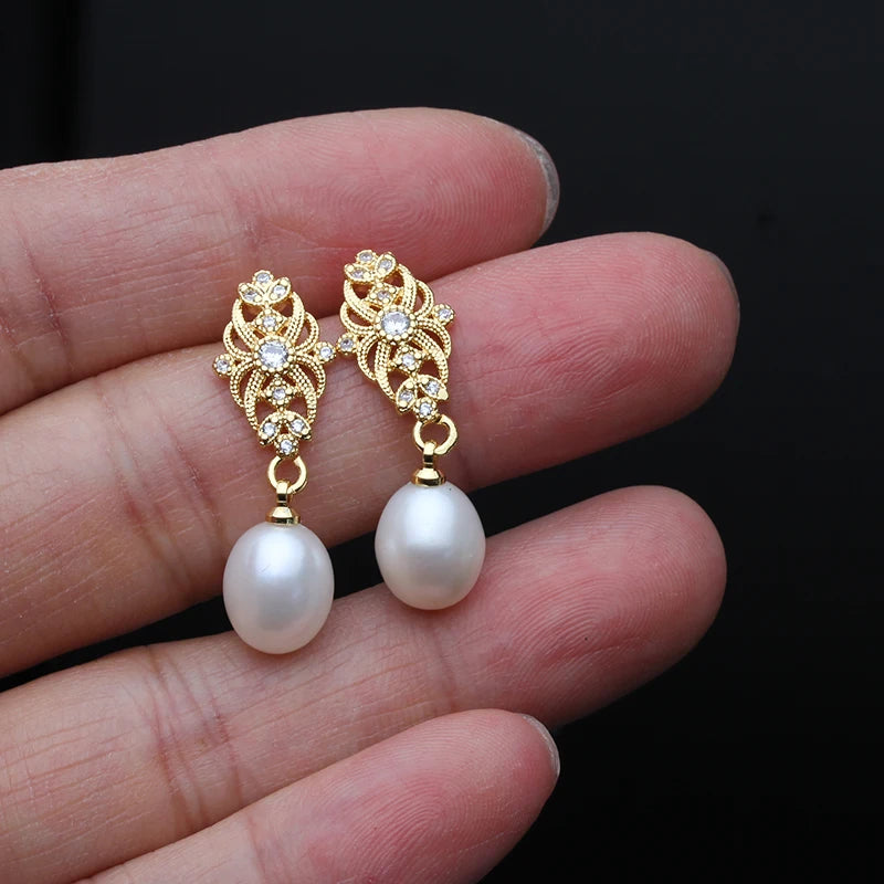 Real Natural Pearl Earrings,18k Gold Palted Dangling Freshwater Pearl Earrings