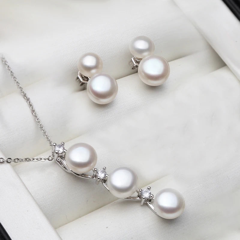 Real Natural Pearl Necklace And Earring Set Luxury 925 Silver Pearl Jewelry