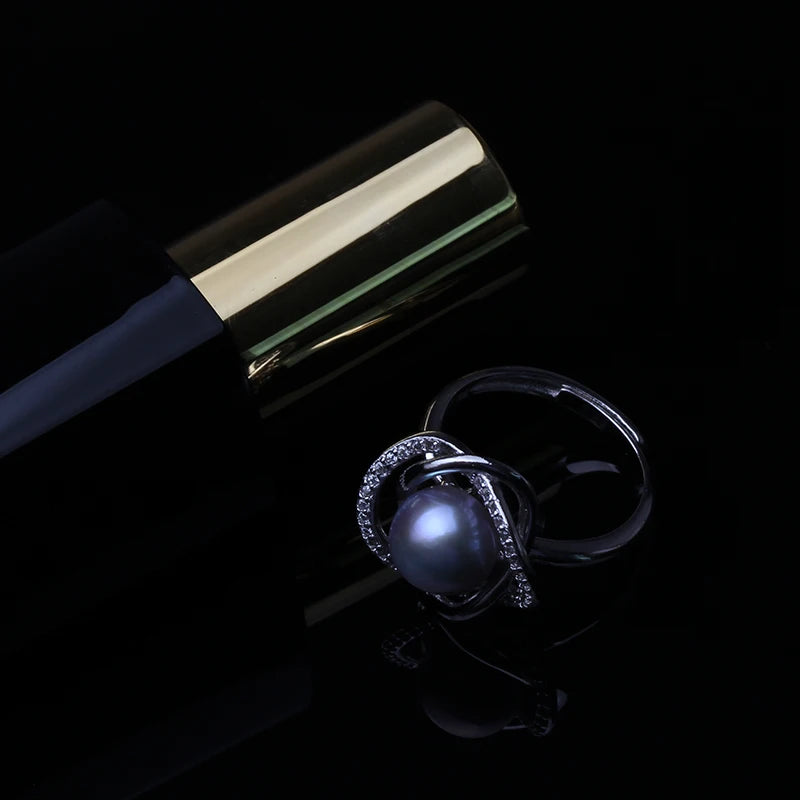 Real Freshwater Black Pearl Ring Woman,Cultured Natural Pearl Rings 925 Silver Adjustable