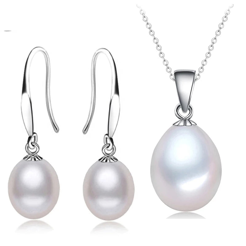 Natural Freshwater Set With Pearl Earrings And Necklace 925 Silver Jewelry Set