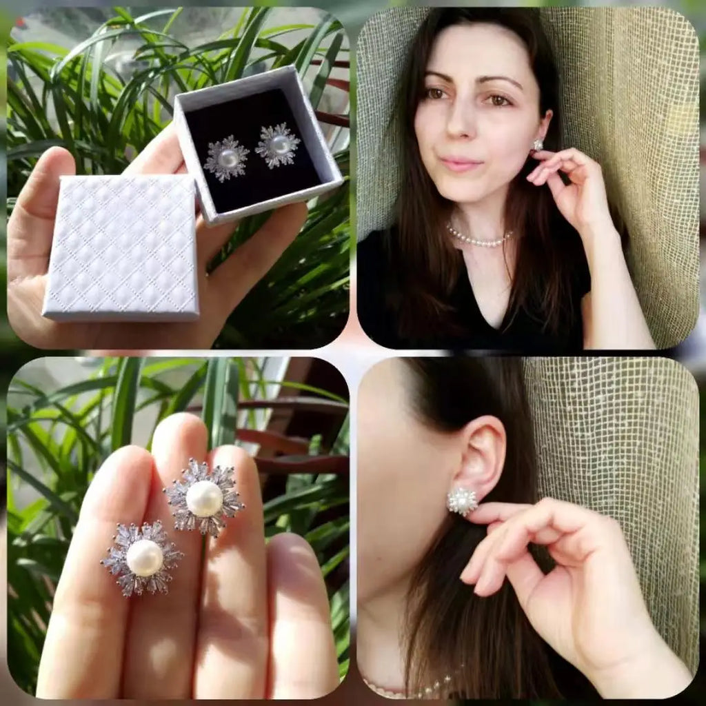 100% Real Natural Pearl 925 Sterling Silver Earring Woman,Classic Wedding Freshwater Pearl Earrings Anniversary Gift