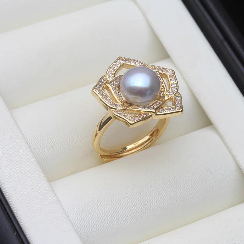 Real Freshwater Natural Pearl Rings Women,Gold Plated Cultured Pearl Rings Adjustable
