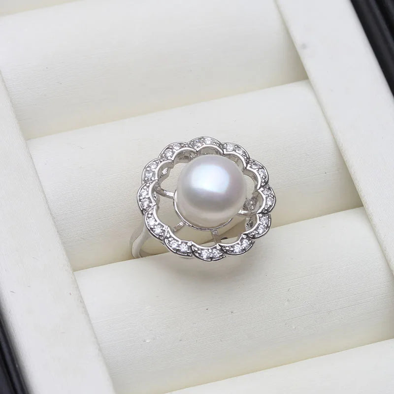 Real Freshwater Pearl Rings Women,White Adjustable Natural Cultured Pearl Rings 925 Silver