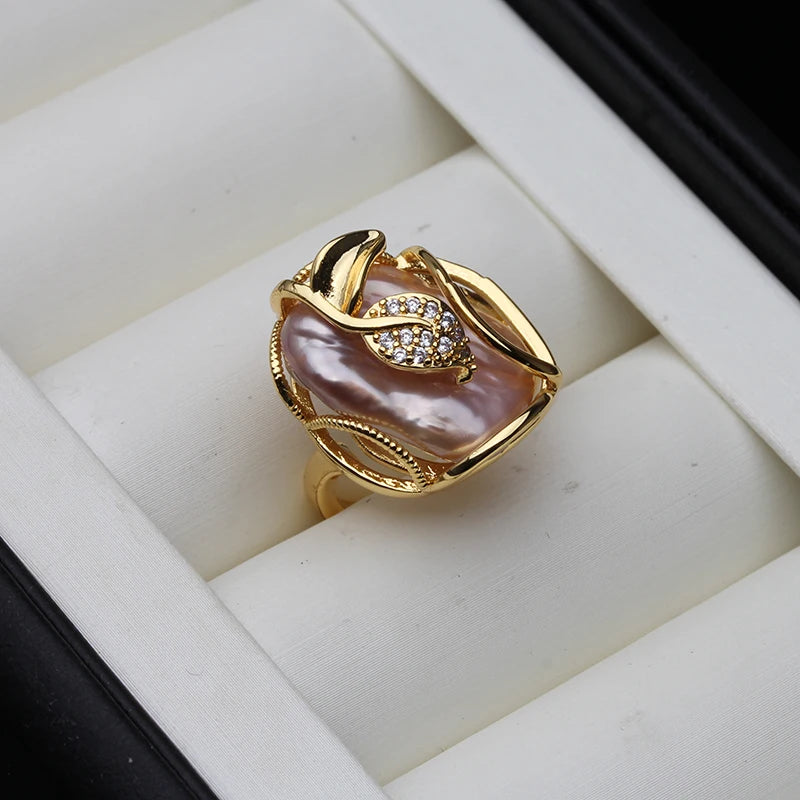 Natural Freshwater Baroque Big Pearl Rings For Women,Beautiful Wedding Rings 18k Gold Plated Adjustable Size
