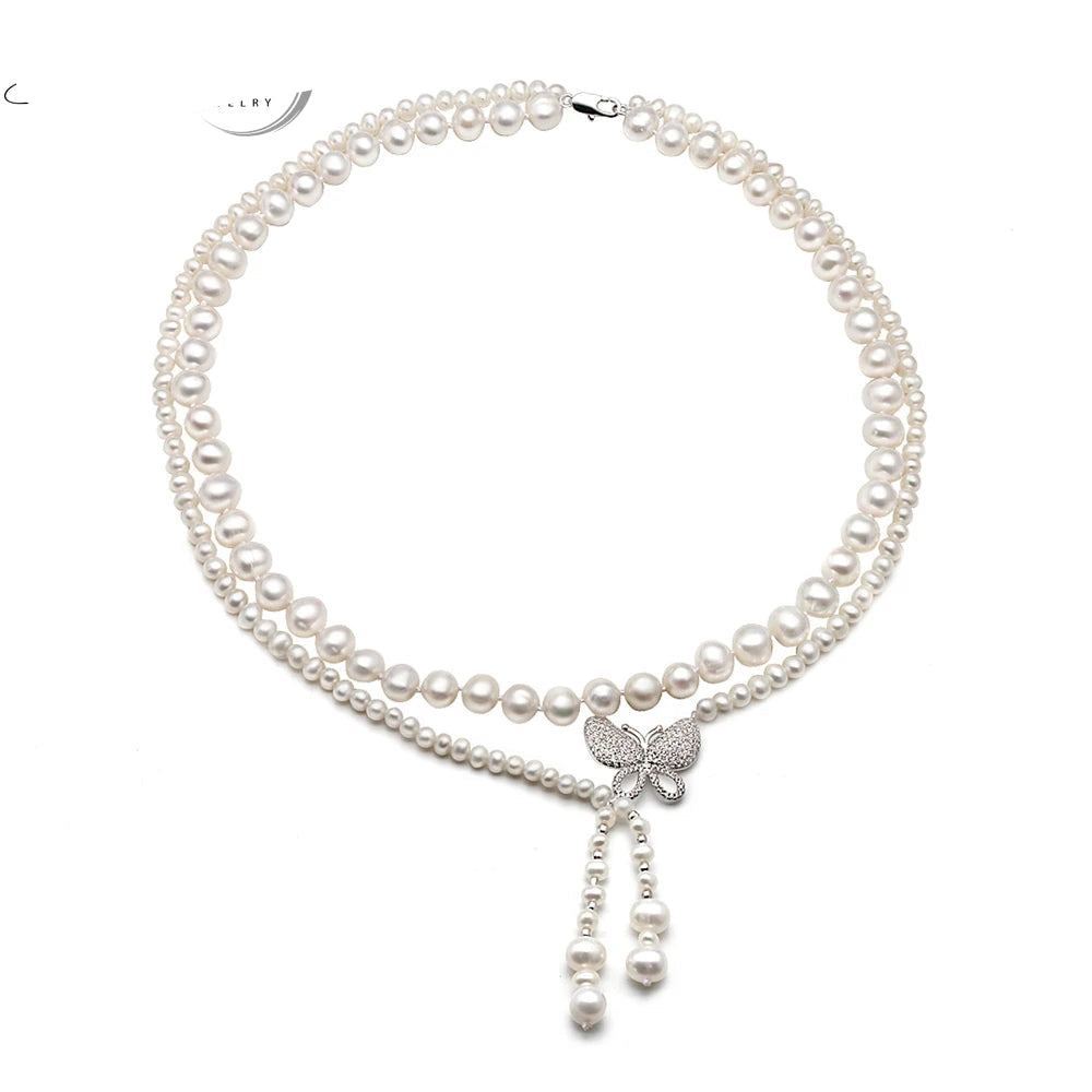 Real Natural Freshwater Double Pearl Necklace For Girls, 925 Silver Pearls of Necklace