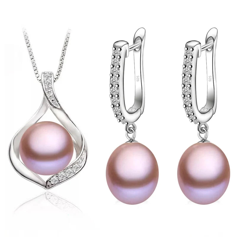 Real Natural Freshwater Pearl Necklace and Earrings Set For Women,Cute 925 Sterling Silver