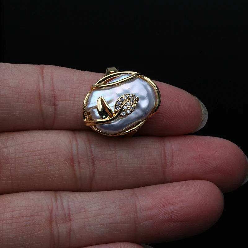 Natural Freshwater Baroque Big Pearl Rings For Women,Beautiful Wedding Rings 18k Gold Plated Adjustable Size