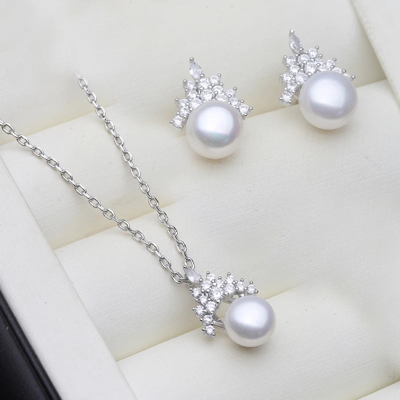 Real Set With Pearl Earrings And Necklace Woman,natural Freshwater 925 Silver Pearl Jewelry Set